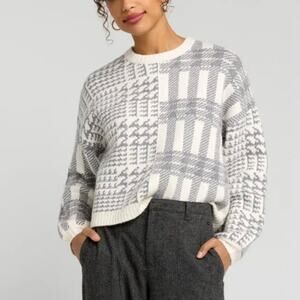 Splendid White Gray Herringbone Sweater SMALL Boxy Oversized Plaid Preppy $178